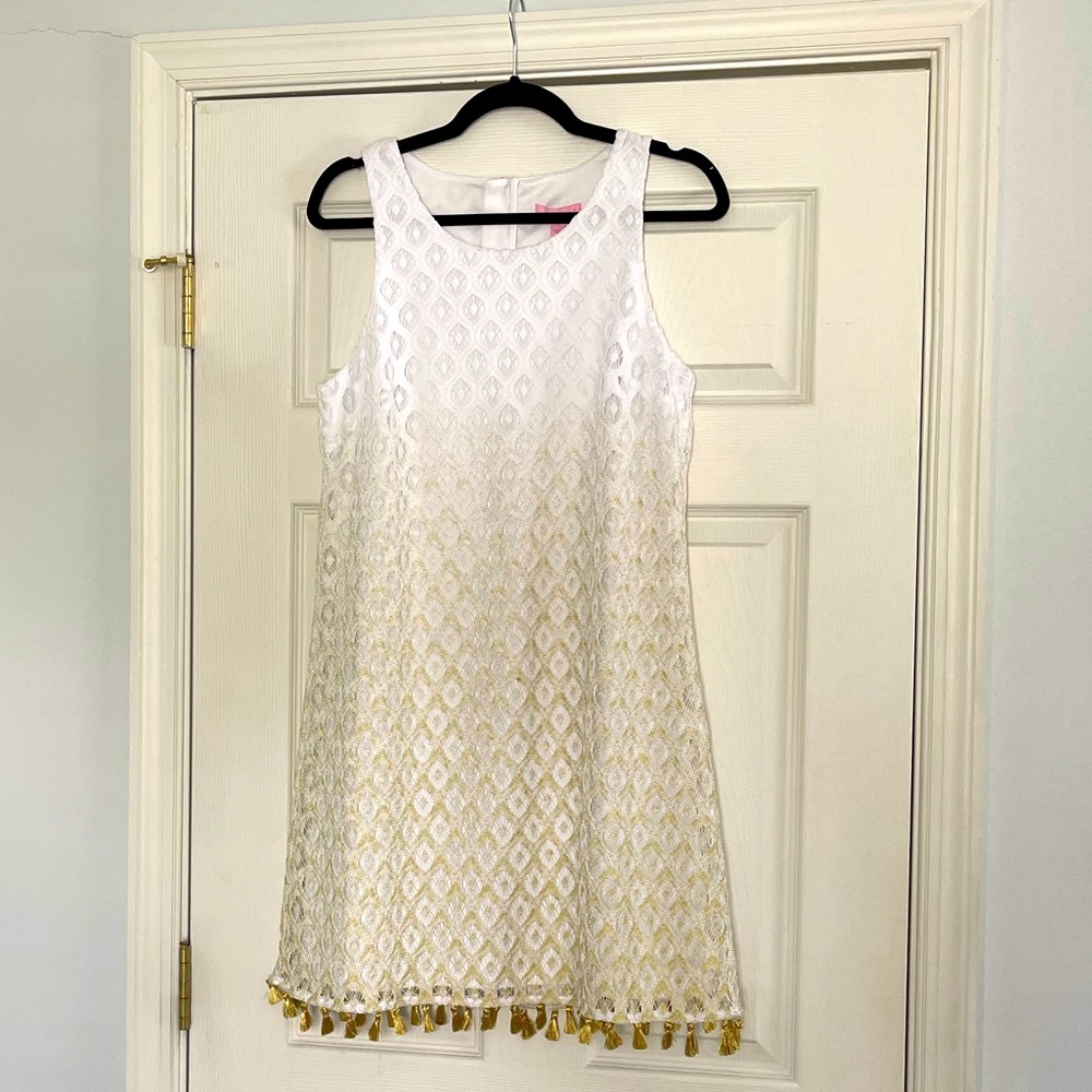 Lilly Pulitzer Marquette shift dress Sz M WHITE/GOLD METALLIC TASSELS